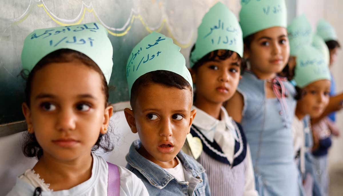 Palestinian students attend their first day of the new school year at an UNRWA school, in Nuseirat, in the central Gaza Strip, September 19, 2026.— Reuters