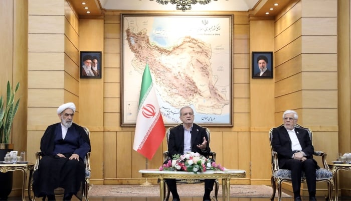 Iranian President Masoud Pezeshkian speaks before departing for New York, at Mehrabad Airport in Tehran, Iran, September 22, 2026. — Reuters