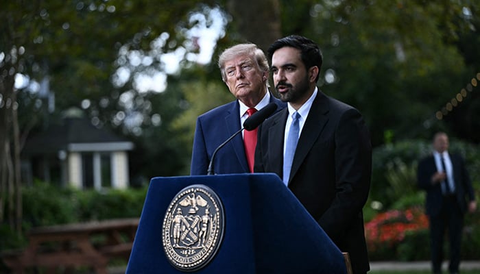 New York City mayor Zohran Mamdani speaks while US President Donald Trump stands beside him after the two met at Gracie Mansion in New York, on September 21, 2026. — AFP