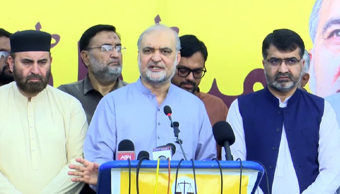 Jamaat-e-Islami Emir Hafiz Naeemur Rehman addresses the press conference in Multan on September 22, 2026. — Screengrab via Geo News