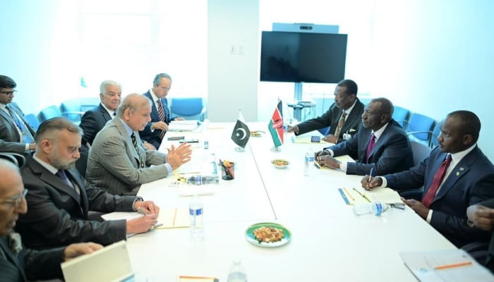 Prime Minister Shehbaz Sharif meets Kenyan President William Ruto on the sidelines of the high-level segment of the 81st UN General Assembly, September 22, 2026. — PID