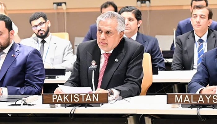 Deputy Prime Minister and Foreign Minister Senator Ishaq Dar addresses a meeting of the Organisation of Islamic Cooperation Contact Group on Afghanistan on the sidelines of the United Nations General Assembly in New York on September 22, 2026. — X/@PakistanUN_NY