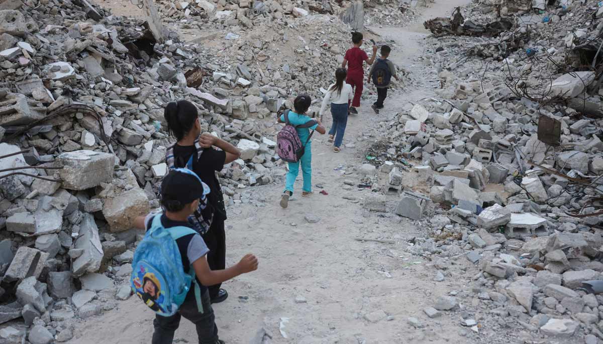 With reconstruction stalled, Gazans shelter in buildings at risk of collapse 32 Palestinian children walk to school amid the rubble of destroyed buildings as the academic year begins in Khan Yunis, in the southern Gaza Strip on September 19, 2026.— AFP