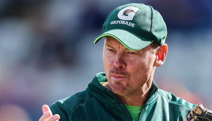 Pakistan bowling coach Ashley Noffke gives instructions during the warm-up ahead of the start of play on Day 2 of the third Test match against England at Edgbaston Cricket Ground in Birmingham on September 10, 2026. — AFP