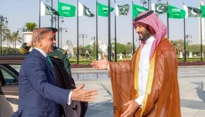 Prime Minister Shehbaz Sharif (left) meets Saudi Crown Prince Mohammed bin Salman in Riyadh, Saudi Arabia, September 17, 2025. — Reuters