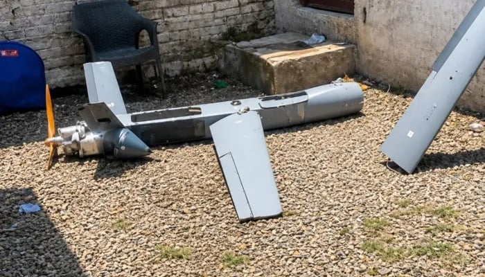The wreckage of a rudimentary drone shot down by Pakistan in Khyber district, Khyber Pakhtunkhwa, June 19, 2026. — X/@FactCheckerMoIB