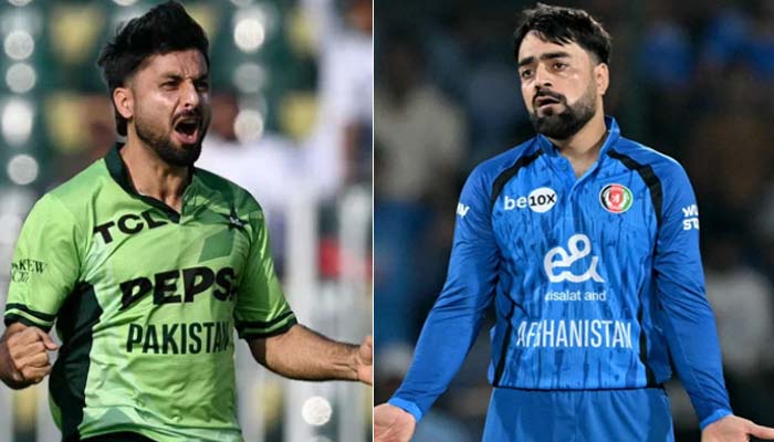 The photo collage features Pakistan spinner Abrar Ahmed (left) and Afghanistan spinner Rashid Khan. — AFP/File