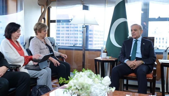 Prime Minister Shehbaz Sharif meets International Monetary Fund Managing Director Kristalina Georgieva on the sidelines of the 81st session of the United Nations General Assembly in New York. — X@CMShehbaz