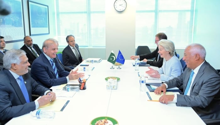 Prime Minister Shehbaz Sharif is seen in a meeting with European Council President António Luís Santos da Costa and European Commission President Ursula von der Leyen on the sidelines of the 81st session of the United Nations General Assembly, — X@cmshehbaz