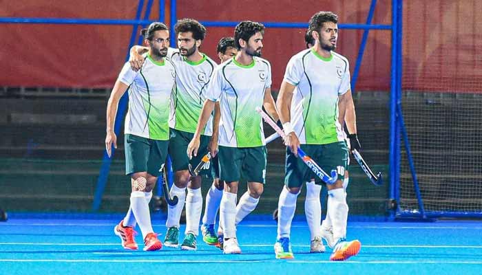 Pakistan players celebrate scoring a goal during their Asian Games mens hockey competition match against China at the Kawasaki Juko Stadium in Nagoya on September 24, 2026. — Asian Hockey Federation