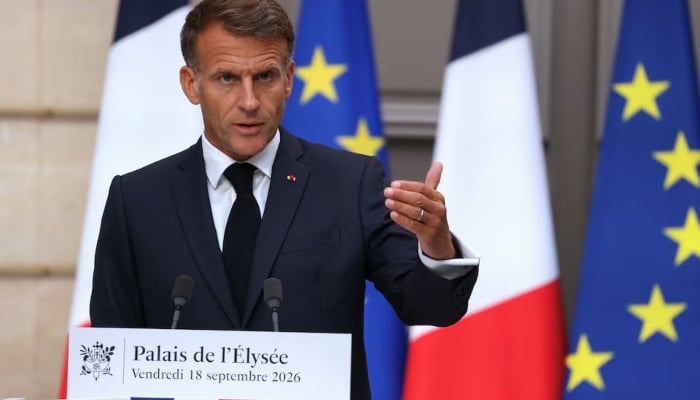 Frances President Emmanuel Macron addresses the audience during a press conference at the presidential Elysee Palace in Paris, France, on September 18, 2026. — Reuters
