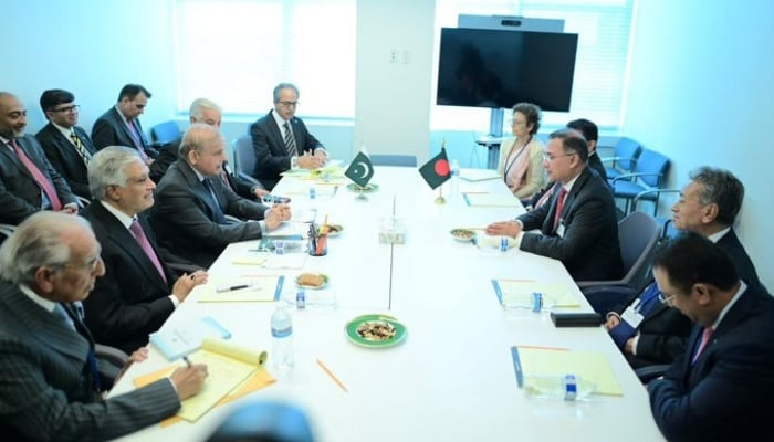 Prime Minister Shehbaz Sharif and Deputy Prime Minister Ishaq Dar are seen in a meeting with Bangladeshi Prime Minister Tarique Rahman on the sidelines of the 81st session of the United Nations General Assembly in New York. — X@PakPMO