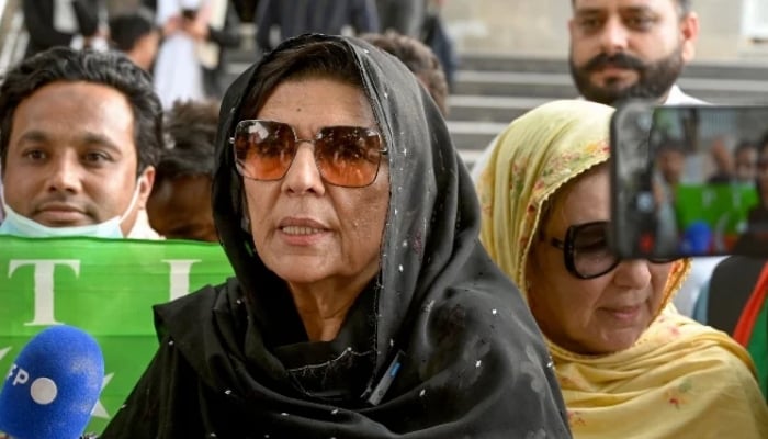Aleema Khan, sister of PTI founder Imran Khan, speaks to media outside the IHC in Islamabad on June 3, 2024. — AFP