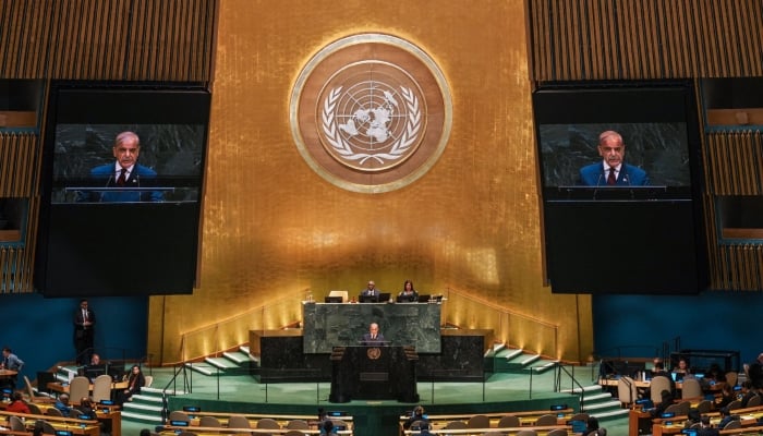 Prime Minister Shehbaz Sharif speaks during the 81st United Nations General Assembly at UN headquarters in New York on September 25, 2026. — AFP