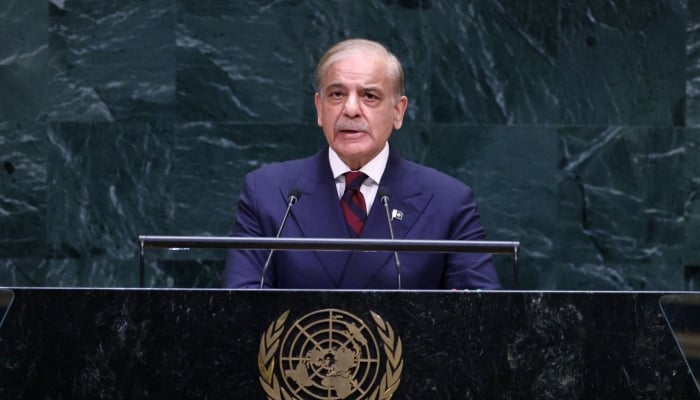 rime Minister Shehbaz Sharif speaks during the 81st United Nations General Assembly at UN headquarters in New York on September 25, 2026. — AFP
