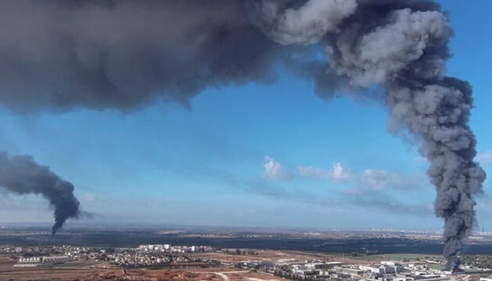 Smoke is seen in the Rehovot area as rockets are launched from the Gaza Strip, in Israel, on October 7, 2023.— Reuters