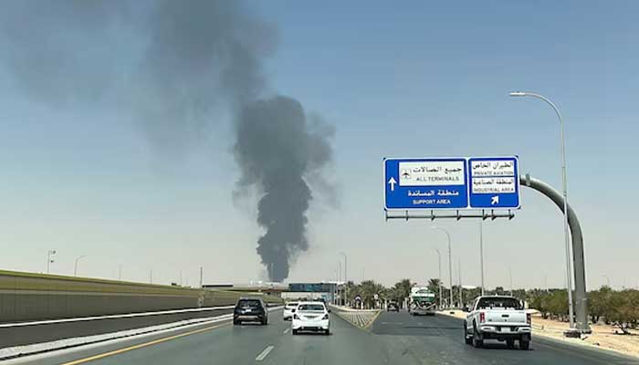 Large plume of black smoke rises from the fuel storage area at King Khalid International Airport, in Riyadh, Saudi Arabia, September 19, 2026. — Reuters