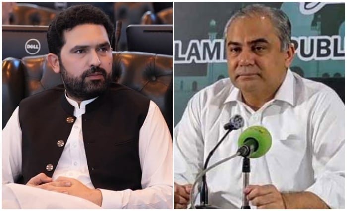 This collage shows Khyber Pakhtunkhwa Chief Minister Sohail Afridi (left) and Interior Minister Mohsin Naqvi. — Facebook/@ImMuhammadSohailAfridi/Geo News/File