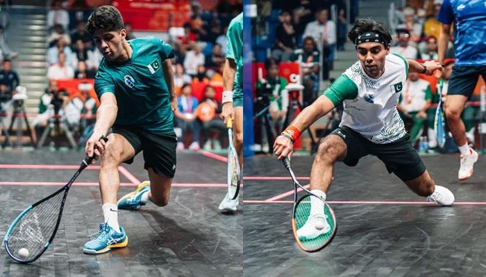 This collage of pictures shows Pakistans Noor Zaman (left) and Ashab Irfan in action during their respective Asian Games matches. — World Squash Federation