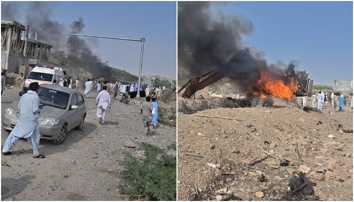 This collage shows the aftermath of the suicide attack at the Aman Mela Police Checkpoint in Dera Ismail Khan’s Darazanda area, Khyber Pakhtunkhwa, September 26, 2026. — Geo News