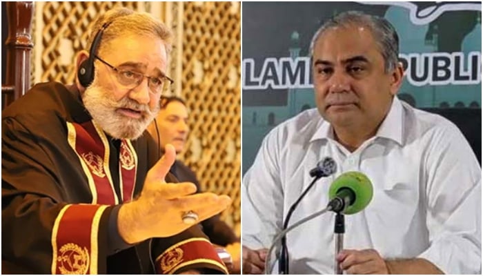 Khyber Pakhtunkhwa Assembly Speaker Babar Saleem Swati (left) and Federal Interior Minister Mohsin Naqvi. — Facebook@MPABabarSaleemSwati/Geo News