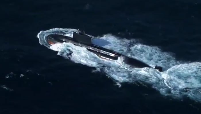 Pakistan Navys newly inducted submarine PNS/M Hangor conducts its maiden live weapon firing in the North Arabian Sea. — Screengrab via X/@dgprPaknavy