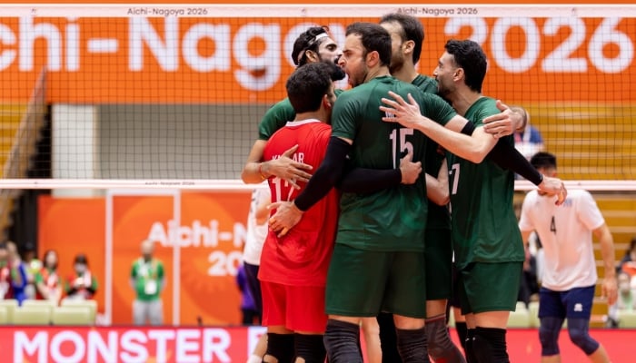 Pakistans mens volleyball players celebrate after scoring against Kazakhstan in Asian Games 2026 at the Okazaki Chuo Sogo Park Gymnasium in Okazaki, Aichi, Japan on September 27, 2026. — Facebook/avcvolley