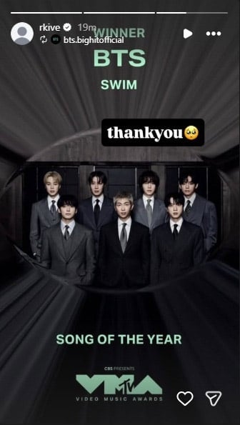 RM reacts to BTS’ Song of the Year VMA victory