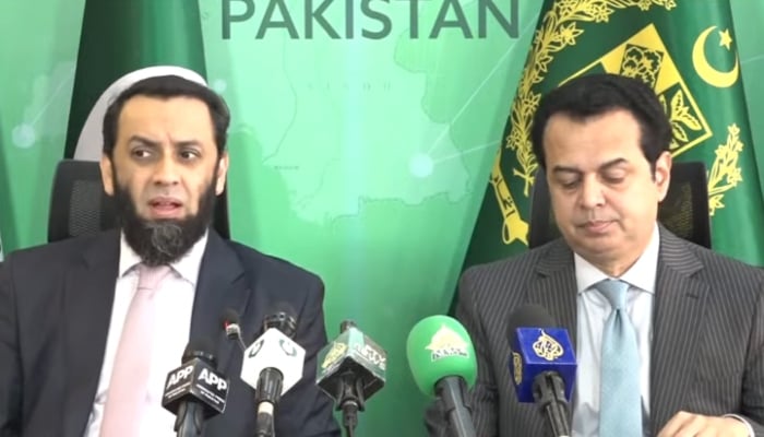 Information Minister Attaullah Tarar (left) speaks during a joint press conference alongside Minister of State for Interior Talal Chaudhry in Islamabad, September 28, 2026. — Screengrab via YouTube/Geo News