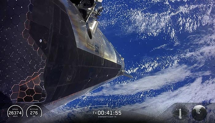 This screen grab from a SpaceX live webcast shows SpaceX’s Starship Flight 14 deploying Starlink V3 satellites into orbit on March 6, 2025. — AFP