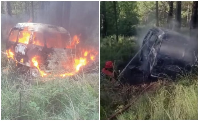 School van is seen after catching fire on Angoori Road in Murree, while a Rescue 1122 official douses the flames following the accident, September 29, 2026. — Reporter