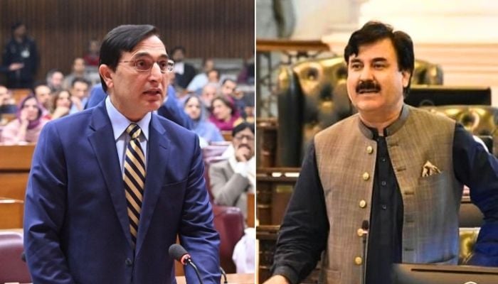 This collage shows Pakistan Tehreek-e-Insaf Chairman Barrister Gohar Ali Khan (Left) and partys Information Secretary Shaukat Yousafzai. — National Assembly/Khyber Pakhtunkhwa govt website/File