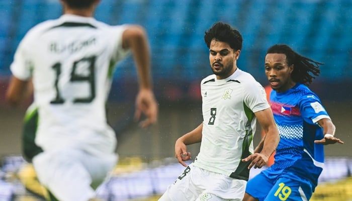 Players in action during Fifa Asean  Cup match between Pakistan and Philippines at the Si Jalak Harupat Stadium in Bandung on September 29, 2026. — PFF