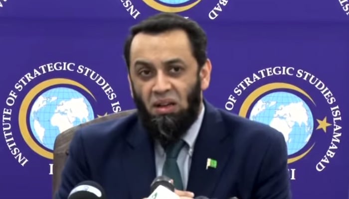 Federal Minister for Information and Broadcasting Attaullah Tarar addresses the launch of a special report titled Weaponising Waters: Historical, Legal, and Strategic Dimensions of IWT Suspension at the Institute of Strategic Studies, Islamabad, September 30, 2026. — Screebgrab via Geo News