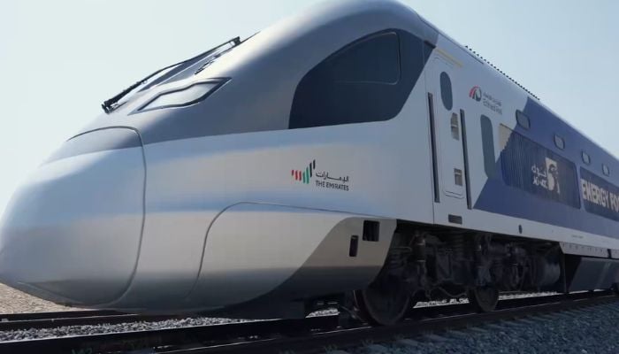 This picture shows front view of Etihad Rail launched on September 30th, 2026. — X/@Eithad_rail