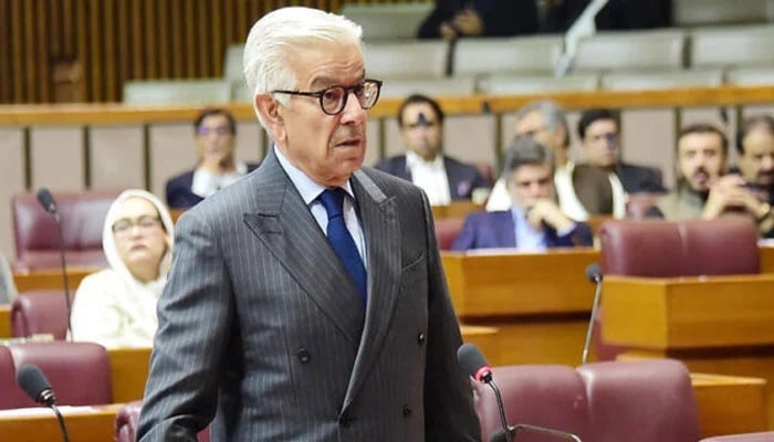 Khawaja Asif speaks in National Assembly in this undated photo: — APP