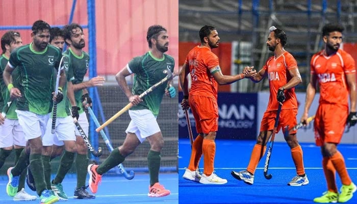 This collage of pictures shows Pakistan (left) and Indian players in action during their separate Asian Games hockey mens competition matches. — Asian Hockey Federation