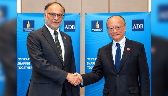 Federal Minister for Planning, Development and Special Initiatives Ahsan Iqbal shakes hands with ADB President Masato Kanda on the sidelines of the 25th Carec Ministerial Conference in Ulaanbaatar on September 30, 2026. — PID/Screengrab