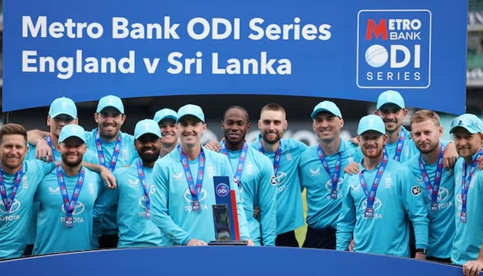 Englands Harry Brook lifts the trophy as he celebrates with teammates after winning the series against Sri Lanka at The Oval, London Britain, September 27, 2026. — Reuters