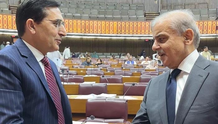 Prime Minister Shehbaz Sharif shakes hand with Pakistan Tehreek-e-Insaf (PTI) Chairman Barrister Gohar Ali Khan in National Assembly, Islamabad, June 26, 2025. — X/@GovtofPakistan