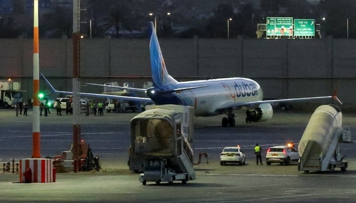 A plane, carrying passengers who were on the FlyDubai aircraft bound for Israel from the United Arab Emirates, which was diverted to Saudi Arabia following an emergency signal, on the tarmac as it arrives at the Ben Gurion International Airport, in Lod, near Tel Aviv, Israel, September 30, 2026. — Reuters