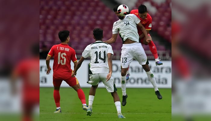 Pakistan football players seen in action during match with Vietnam on October 2, 2026. — Pakistan Football Federation