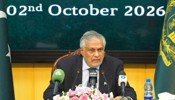 Deputy Prime Minister (DPM) and Foreign Minister Ishaq Dar addresses a press conference in Islamabad on October 2, 2026. — YouTube/Geo News/screengrab