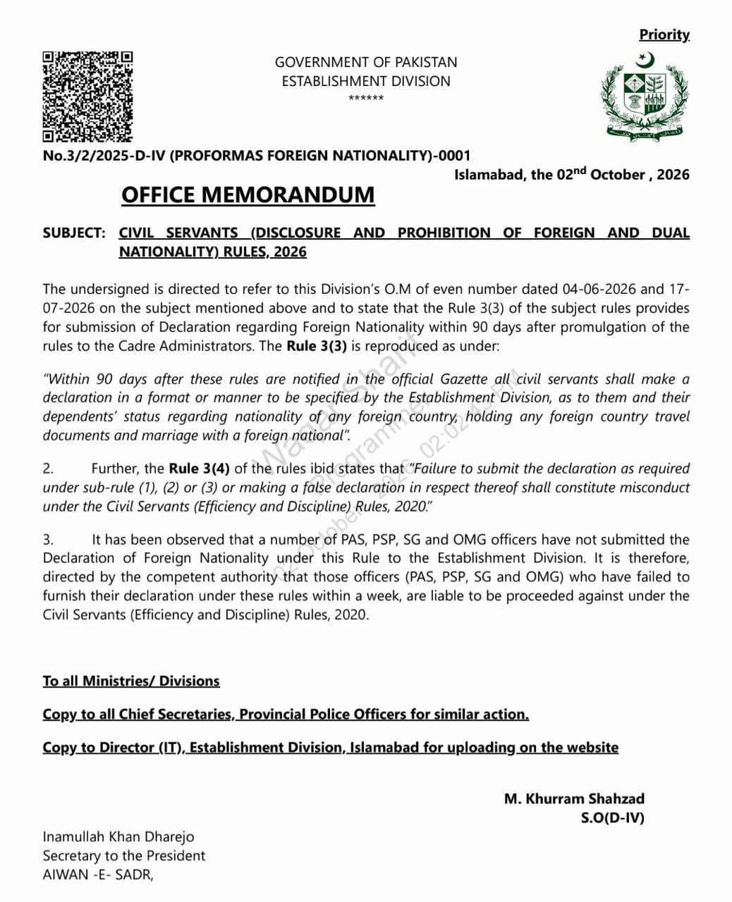 Govt warns officers of action over failure to declare dual nationality