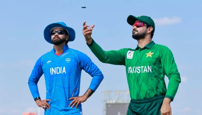 Pakistan captain Sahibzada Farhan (right) and Indian skipper Shreyas Iyer at the toss for the Asian Games 2026 cricket final at Korogi Sports Park in Nisshin, Japan, October 3, 2026. — X/@ACCMedia1