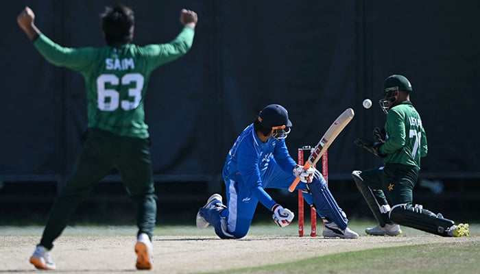 Pakistans Saim Ayub (L) celebrates as Indias Vaibhav Sooryavanshiis is caught out during the mens cricket final match between Pakistan and India during the 2026 Asian Games at the Korogi Athletic Park in Nisshin on October 3, 2026. — AFP