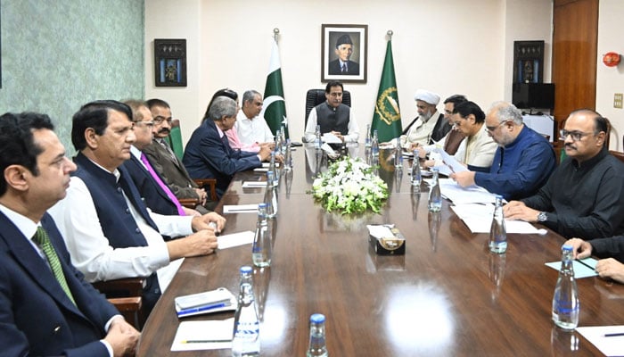National Assembly Speaker Sardar Ayaz Sadiq (centre) is chairing the second round of meeting between the of government and the opposition team at the Parliament House in Islamabad on October 3, 2026. — Geo News