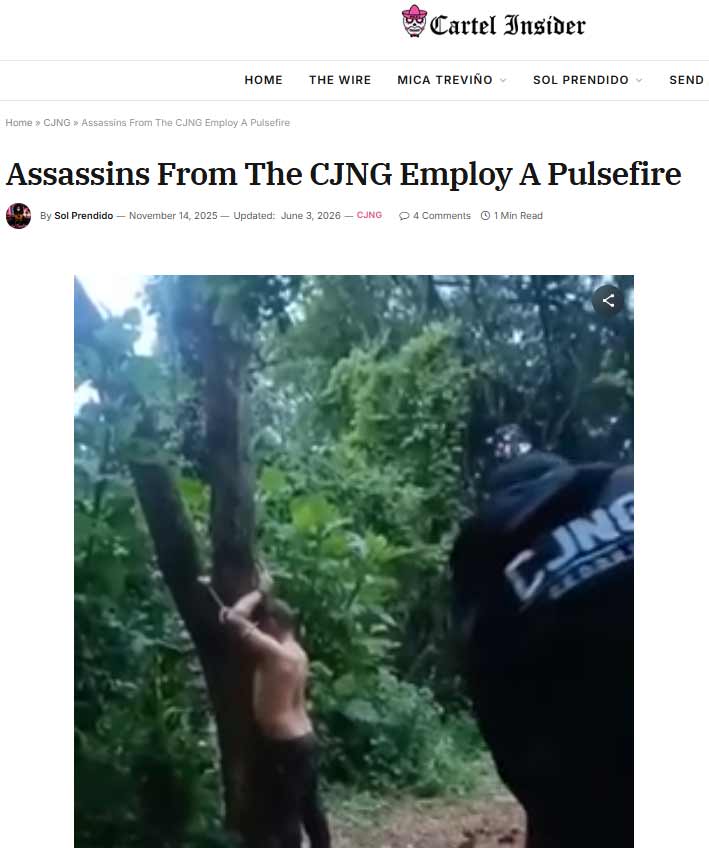 A screengrab shows a man tied to a tree and set on fire in Mexico in 2025. — Cartelinsider.com