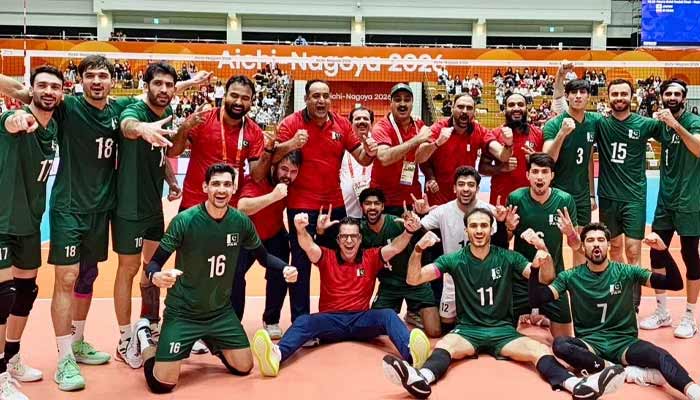 Pakistan team players and management celebrate after defeating China to clinch Bronze medal at Asian Games mens volleyball competition at Okazaki Chuo Sogo Park Gymnasium in Okazaki, Aichi Prefecture, Japan on October 3, 2026. — X/@Pakinjapan