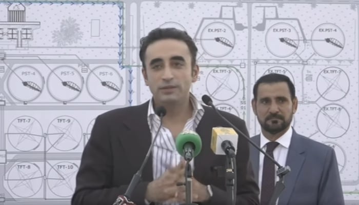 Pakistan Peoples Party Chairman Bilawal Bhutto Zardari addresses the inauguration ceremony of Treatment Plant-I in Karachi on October 3, 2026. — Facebook/Bilawalhouse